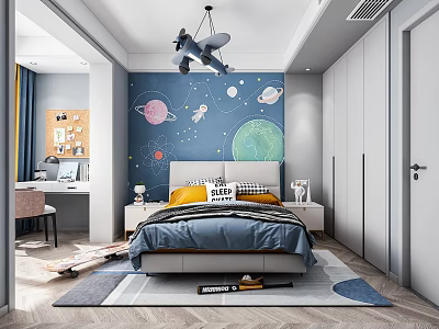 Kids Room Interior Design With Blue Space Themed Wall Airplane Pendant Light And Bed 3d model