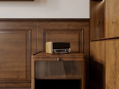 Wooden Bedside Table With Radio On Top Against Paneled Wall Background 3d model