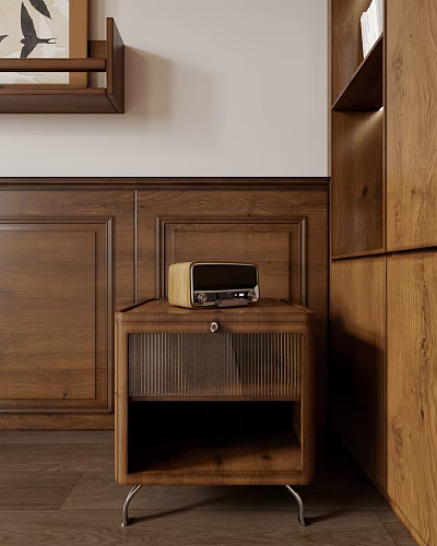 Wooden Bedside Table With Radio On Top Against Paneled Wall Background 3d model