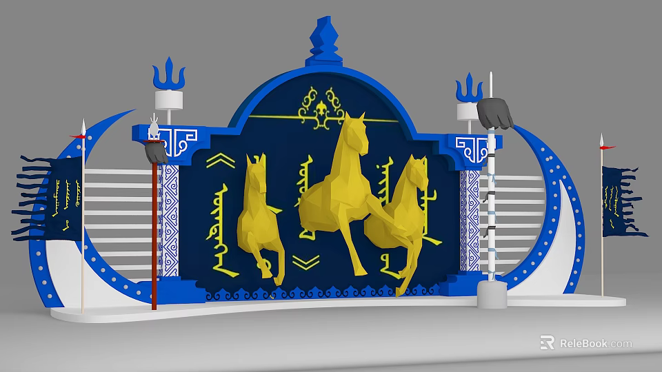 Traditional Decorative Arch With Blue Frame Golden Horses And Ornate Patterns Side Pillars 3d model 