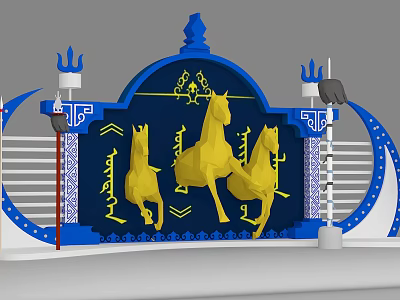 Traditional Decorative Arch With Blue Frame Golden Horses And Ornate Patterns Side Pillars 3d model
