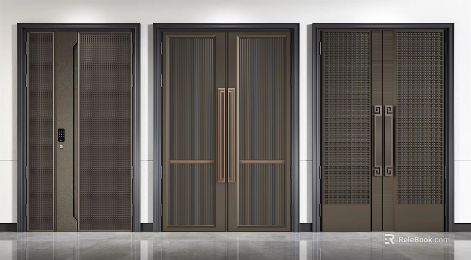 Modern Security Doors With Various Dark Brown Textured Panel And Handle Designs 3d model 