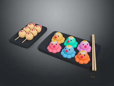 Colorful Animal Shaped Snacks Including Chicken and Octopus on Black Trays with Chopsticks 3d model