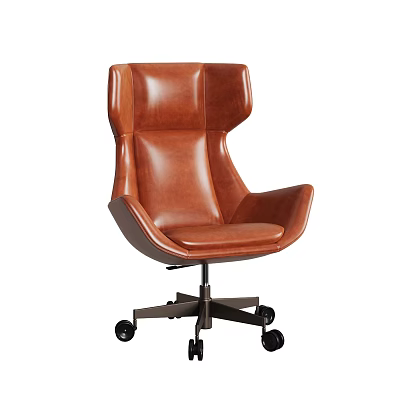 Brown Leather High Back Office Chair with Modern Design and Swivel Metal Base 3d model