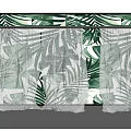 Sheer Light Colored Curtains With Tropical Leaf Pattern And Green Background