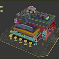 Cartoon Scene Colorful 3D Model With Green Yellow Red Gray Structures And Mechanical Platform