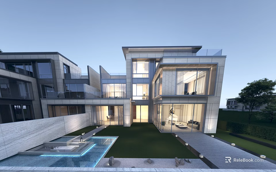 Modern Detached Villa With Large Glass Windows Lush Lawn And Swimming Pool 3d model 