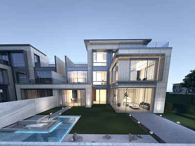 Modern Detached Villa With Large Glass Windows Lush Lawn And Swimming Pool 3d model
