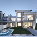 Modern Detached Villa With Large Glass Windows Lush Lawn And Swimming Pool