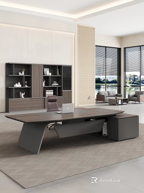 Modern Wooden Office Desk With Black Frame Laptop Bookshelf And Lake View Through Large Windows 3d model 