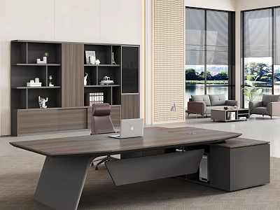 Modern Wooden Office Desk With Black Frame Laptop Bookshelf And Lake View Through Large Windows 3d model