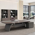 Modern Wooden Office Desk With Black Frame Laptop Bookshelf And Lake View Through Large Windows