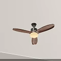 Modern Ceiling Fan Light With Wooden Blades Black Base And Round Light For Interior Decoration