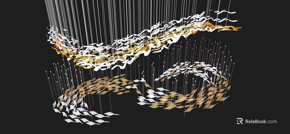 Modern Chandelier With Flowing Gold And White Leaf Shaped Elements Hanging Structure 3d model