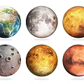Various Celestial Spheres Including Earth Moon And Planets With Distinct Surfaces