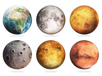 Various Celestial Spheres Including Earth Moon And Planets With Distinct Surfaces 3d model