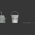Metal Buckets And Coiled Hose With Red Nozzle On Black Surface