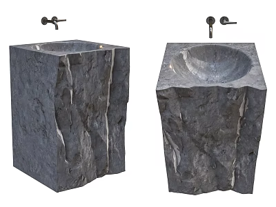 Stone Washbasins with Natural Textured Surface Square Shape and Wall Mounted Faucets 3d model