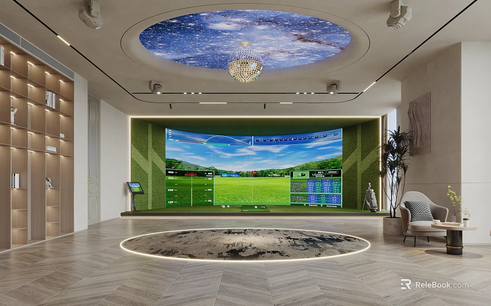 Indoor Sports Fitness Training Space With Large Screen Green Field Simulation And Modern Interior Design 3d model 