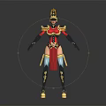 Female Warrior Character In Ornate Red Black Armor With Golden Decorations And Helmet