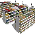 Supermarket Display Shelves with Multiple Layers Arranged Products and Checkout Counters 3d model