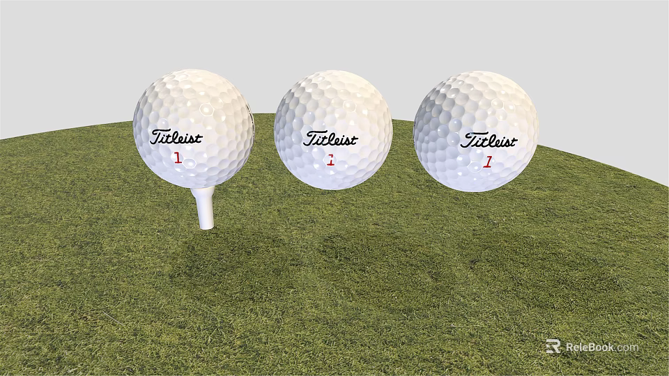 Three Titleist 1 Golf Balls As Sports Equipment Placed On Grass With Tee 3d model 