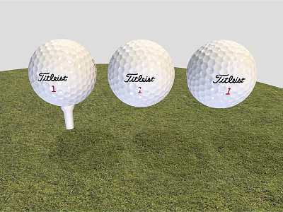 Three Titleist 1 Golf Balls As Sports Equipment Placed On Grass With Tee 3d model