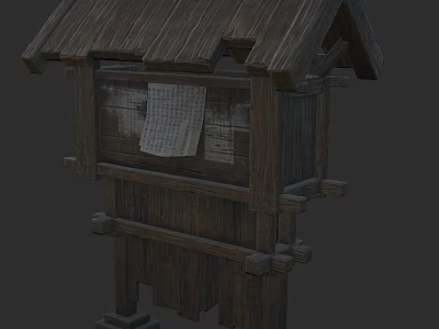 Ancient Wooden Noticeboard Structure With Thatched Roof And Paper Scroll 3d model