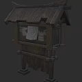 Ancient Wooden Noticeboard Structure With Thatched Roof And Paper Scroll