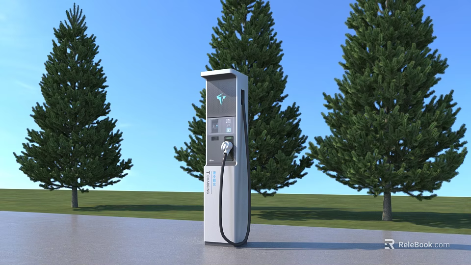 Outdoor Electric Vehicle Charging Station With Green Trees And Clear Blue Sky 3d model 