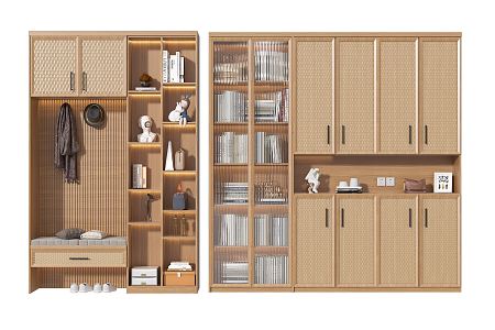 Nordic Shoe Cabinet Rattan Shoe Cabinet Bookcase Combination 3d model