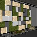 Green Moss Feature Wall With White Gray Squares Lighting And Stone Decoration
