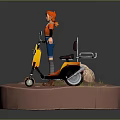 Red Haired Female Game Movie Character With Yellow Orange Scooter And Small Animal On Base