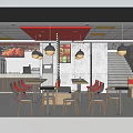 Modern Restaurant Interior With Red Black Chairs Tables Circular Colorful Wall Decor And Pendant Lights