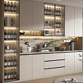 Modern Wine Cabinet With Glass Doors LED Lighting Wine Bottles Countertop And Potted Plant