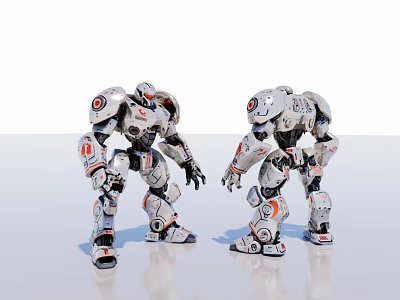 Futuristic White And Orange Standing Robot Sculptures With Detailed Mechanical Design 3d model