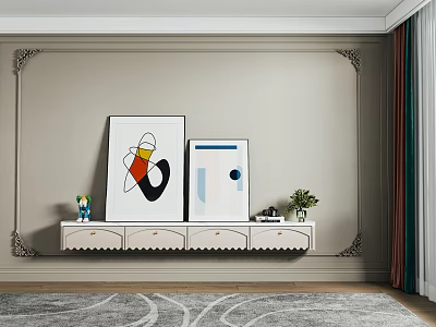 White TV Stand With Decorative Paintings Small Ornaments Green Plant And Molding Wall 3d model