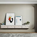 White TV Stand With Decorative Paintings Small Ornaments Green Plant And Molding Wall