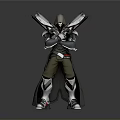 3D Fantasy Character In Hooded Cloak With Metallic Armor And Blue Glow Blades