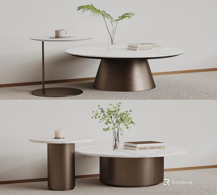 Modern Coffee Table With Marble Top And Metal Base Featuring Books And Potted Plant 3d model 
