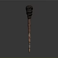Antique Hand Carved Wooden Staff Featuring Intricate Skull Head Design