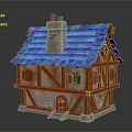 Cartoon Scene of a Charming House with Blue Tiled Roof Brown Wooden Frames and Chimney
