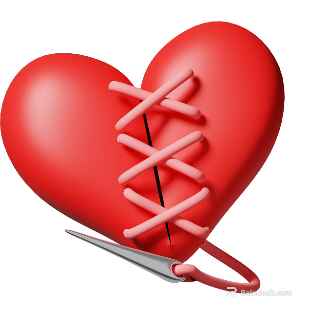 Red Heart Shaped Decorative Ornament Set With Pink Crossed Laces And Scissors Cutting 3d model 