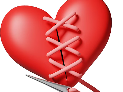 Red Heart Shaped Decorative Ornament Set With Pink Crossed Laces And Scissors Cutting 3d model