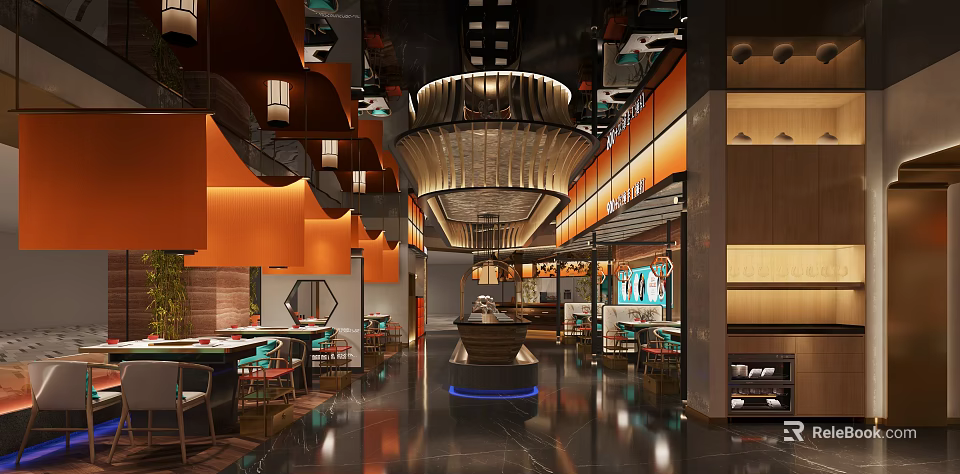 Modern Hot Pot Restaurant Interior With Orange Decor And Seating 3d model