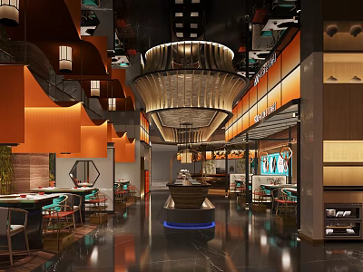 Modern Hot Pot Restaurant Interior With Orange Decor And Seating 3d model