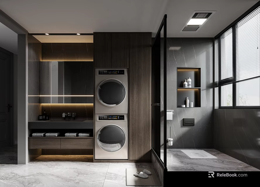 Modern Bathroom Interior Design With Stacked Washing Machine Dryer Wooden Cabinets And Shower Area 3d model 