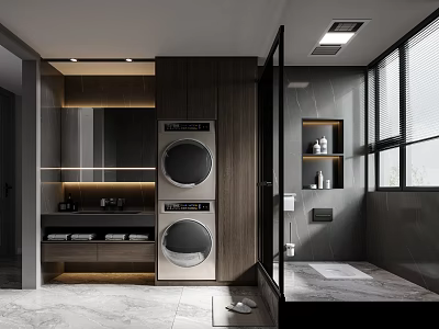 Modern Bathroom Interior Design With Stacked Washing Machine Dryer Wooden Cabinets And Shower Area 3d model