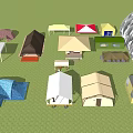 Outdoor Camping Tents in Red Rocks Area with Trees and Sunset Sky