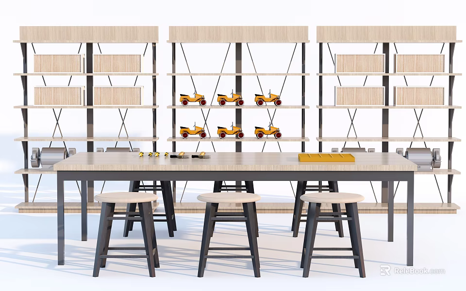 Modern Dining Table With Stools And Wooden Shelves Displaying Yellow Items 3d model